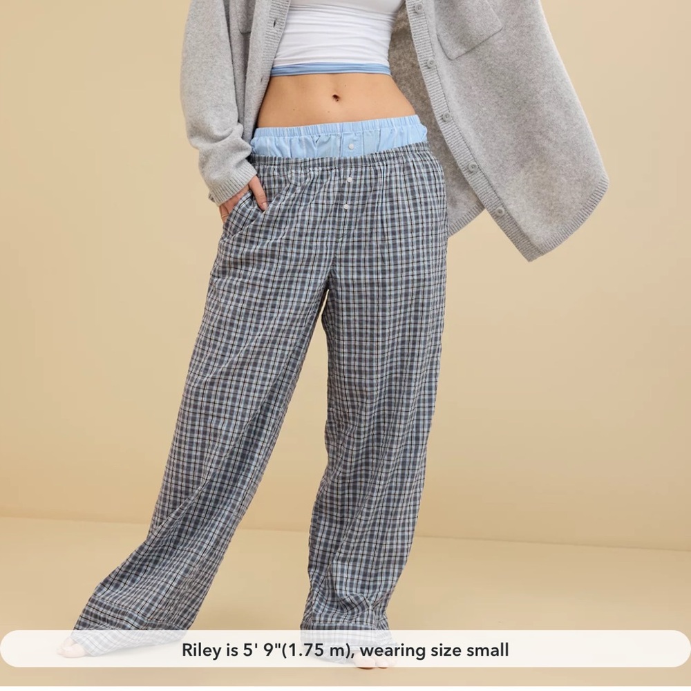 Aerie Seersucker Blue Plaid Pajama Pant - Large